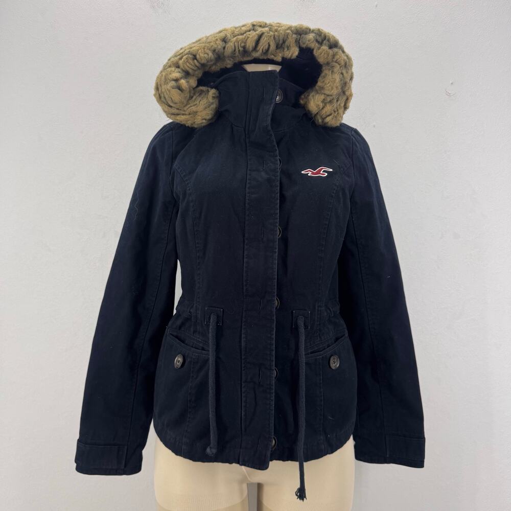 VTG Y2K Hollister Jacket With Fur Hood Size Small Dark Navy Grunge